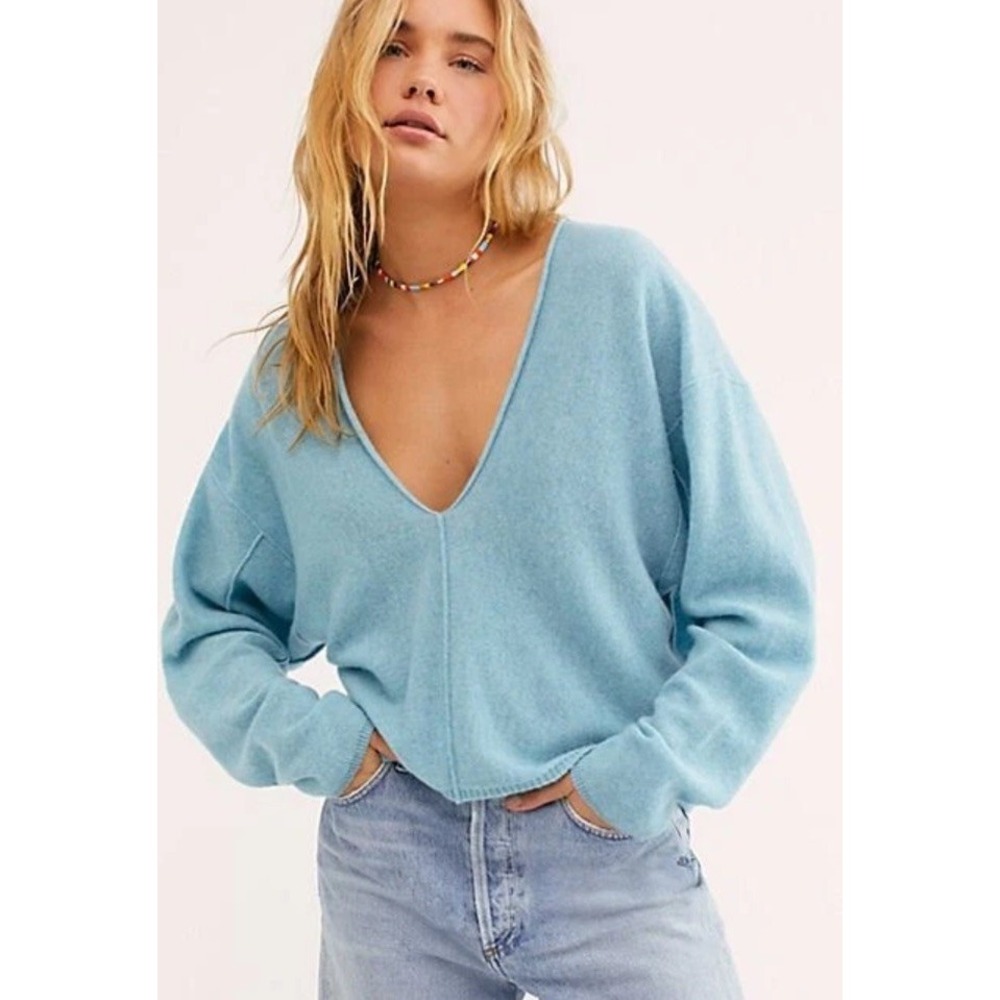 Free People Sweater Womens Blue Cashmere Long Sleeve Casual V Neck Size S